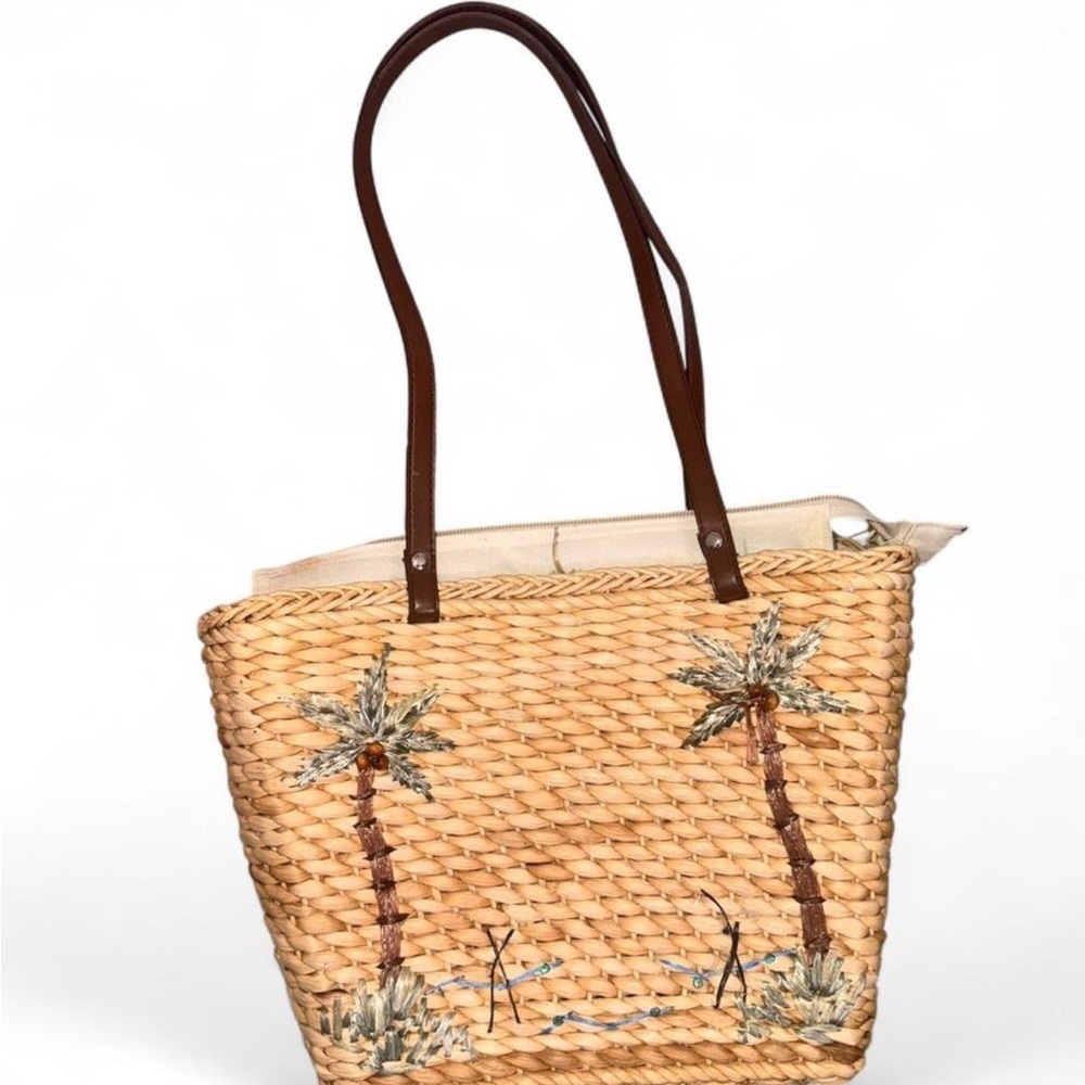 Vintage Woven Straw Tote with Brown Handles and Palm Tree Embroidery